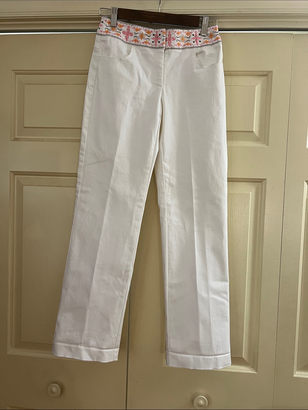 Talbots White Stretch Petite Pants with Embroidered Waist Band
